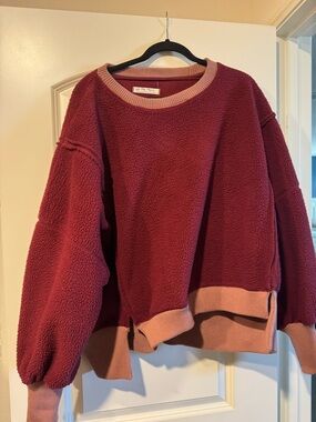 Free people-We The Free Camden Maroon Sherpa Pullover with Dusty Pink Rib